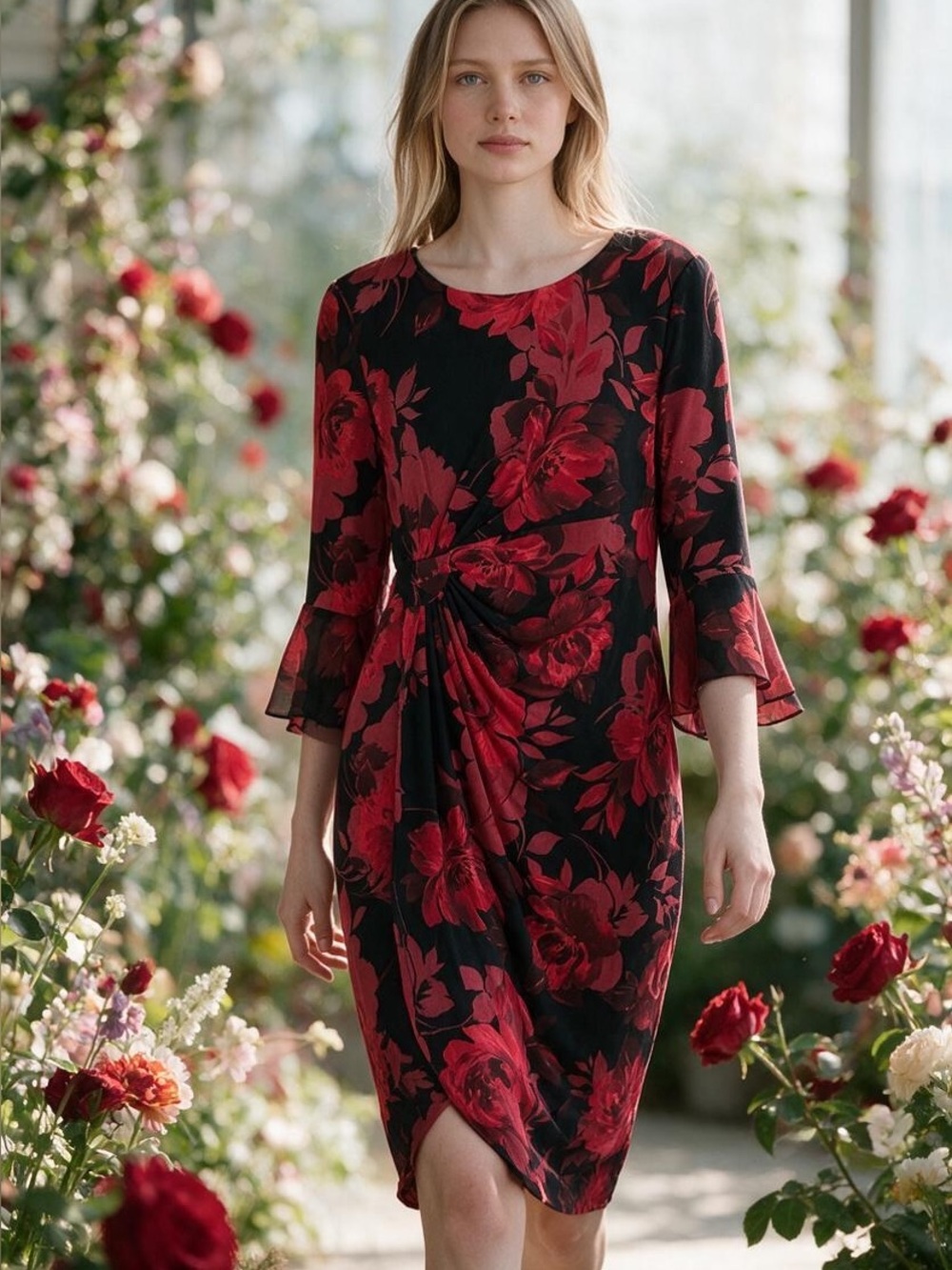 Aura Black Midi Dress with Red Floral Print and Twist Detail